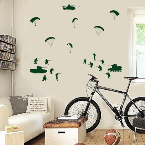 PLIGREAT 20 Pcs Parachutes Tanks Soldiers Wall Stickers, Peel and Stick Wall Decals, DIY Art Decor Removable Vinyl Military Green Walls Stickers for Living Room Bedroom Paly Room Home Decorations