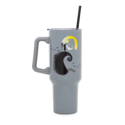 Silver Buffalo Disney Nightmare Before Christmas Featuring Oogie Boogie, Jack Skellington, and Sally Stainless Steel Tumbler with Handle and Straw, Fits in Standard Cup Holder, 40 Ounces