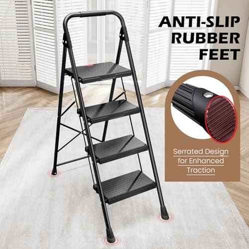 KINGRACK Step Ladder, Portable Folding Step Stool with Anti-Slip Wide Pedals, Heavy Sturdy Steel with Handrail, Safe-Lock Design, 800lbs Load Capacity, for Home and Kitchen, Black (4 Step Ladder)
