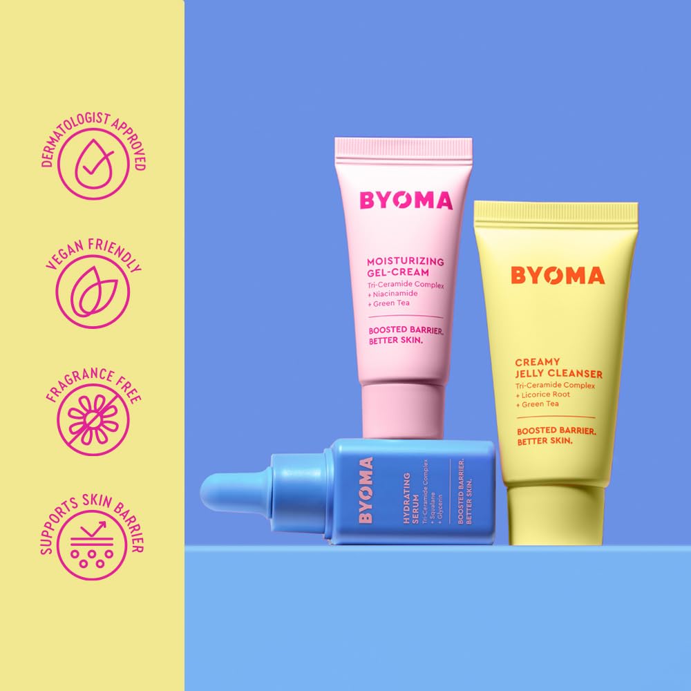 BYOMA So Hydrated Set - Barrier Repair Skincare Set (30ml, 15ml, 15ml) Creamy Jelly Cleanser, Hydrating Face Serum and Ceramide Face Moisturiser for Dry Skin - Anti Wrinkle, Alcohol Free, Vegan