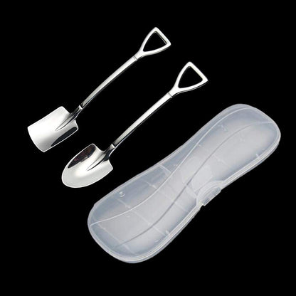 Dessert Spoon Cute Shovel Spoon, SUS304 Stainless Steel Spade Spoons Fruit Coffee Cake Spoon, Dishwasher Safe, 2pcs Spoons with Plastic Box Package