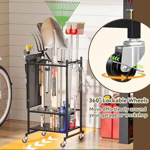 SUFAUY Garden Tool Organizer, Rolling Heavy-Duty Garage Tool Stand, Yard Storage Rack with Casters and Hooks, Black