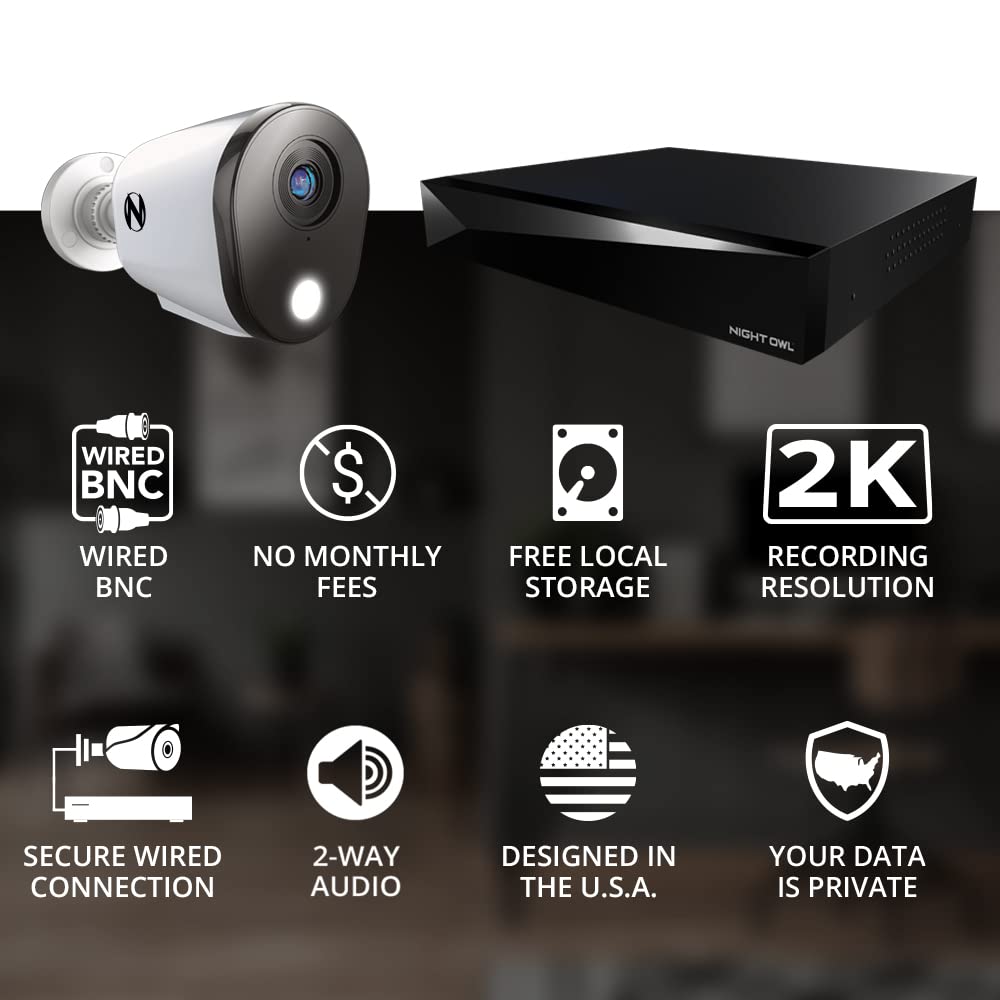 Night Owl 2-Way Audio 12 Channel DVR Video Home Security Camera System with (4) Wired 2K HD Indoor/Outdoor Deterrence Cameras and 2TB Hard Drive (Add up to 4 More Wired and 4 Wi-Fi Cameras) (4 Camera)