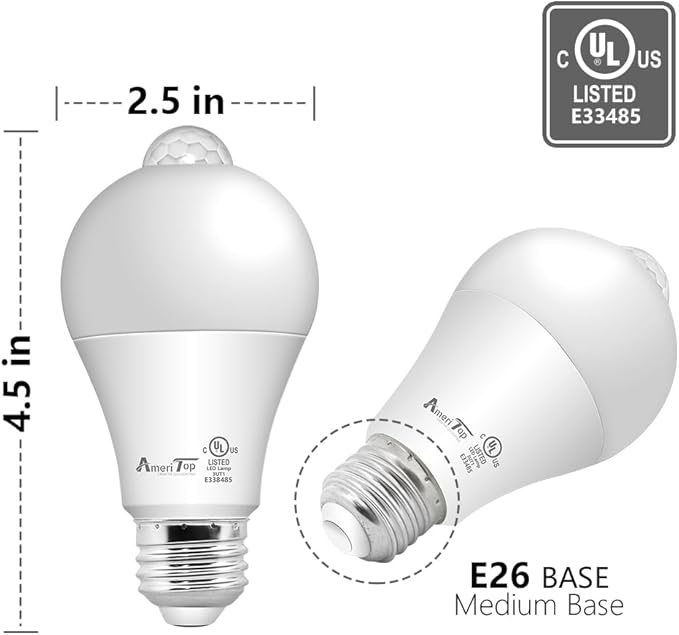 AmeriTop Motion Sensor Light Bulb- 4 Pack, 10W(60W Equivalent) 806lm Motion Activated Dusk to Dawn Security LED Bulb; UL Listed, A19, E26, Auto On/Off Indoor Outdoor Lighting (2700K Soft White)
