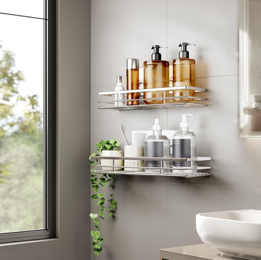 Saffruff Shower Caddy 2Pack No-Drilling Organiser Bathroom Caddy with Adhesive Silver 11.8 x 4.3”