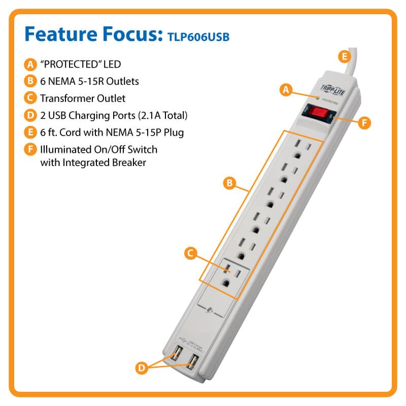 Eaton Tripp Lite series 6 Outlet Surge Protector Power Strip, 6ft Extension Cord, 900 Joules, 15A Circuit Breaker, UL Certified, Black (TLP606B)