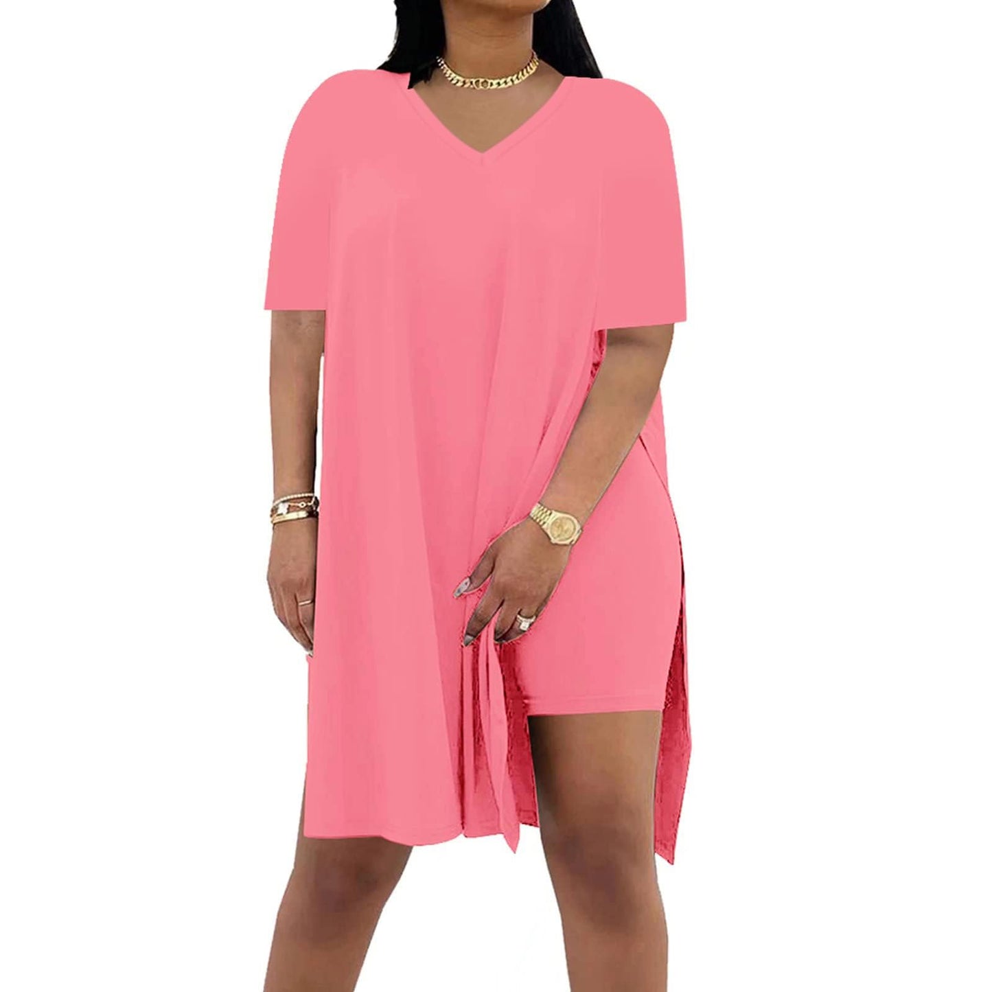 Difanlv Plus Size Womens 2 Piece Outfits Tracksuits Short Sleeve Tunic Tops Bodycon Shorts Sweatsuit Sets