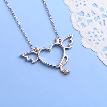 DAOCHONG Halloween Two-Tone 925 Sterling Silver Devil Heart with Wings Pendant Necklace for Women, 18 inches