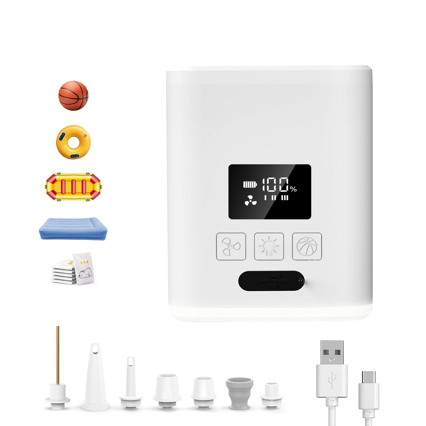 Air Pump for Inflatables Mini Air Mattress Pump Portable Electric Air Pump for Pool Floats,Swimming Rings, Sleeping Pads, Vacuum Storage Bags 5X with 5000mAh Battery & Light, USB Rechargeable