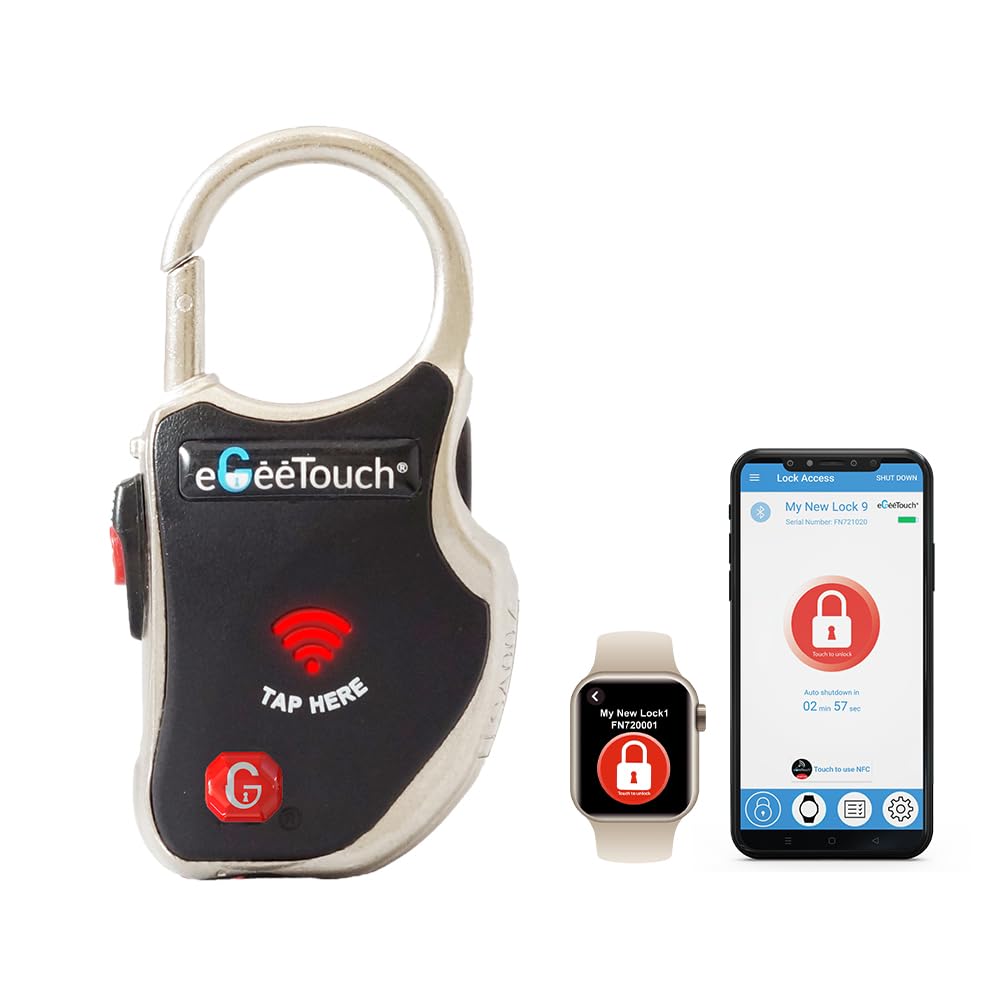 eGeeTouch Smart Travel Padlock with Patented Dual Access Technologies (NFC + BT), Vicinity Tracking, etc. (BLACK)