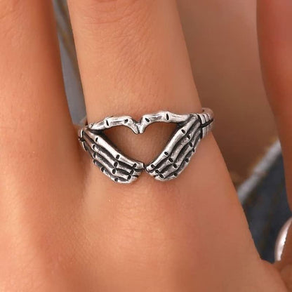 FORUBUS Retro Skull Hand Heart Ring Gothic Style Love Heart Gesture Skeleton Hand Ring for Rock Biker Halloween Trick Costume Jewelry-8