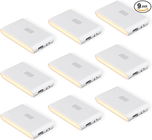 Wyze Lifestyle Rechargeable Night Lights with Dusk to Dawn & Motion Sensors, Warm & Soft White Stair Lights for Bathroom, Hallway, Linkable, Magnetic Mount, 9 Pack