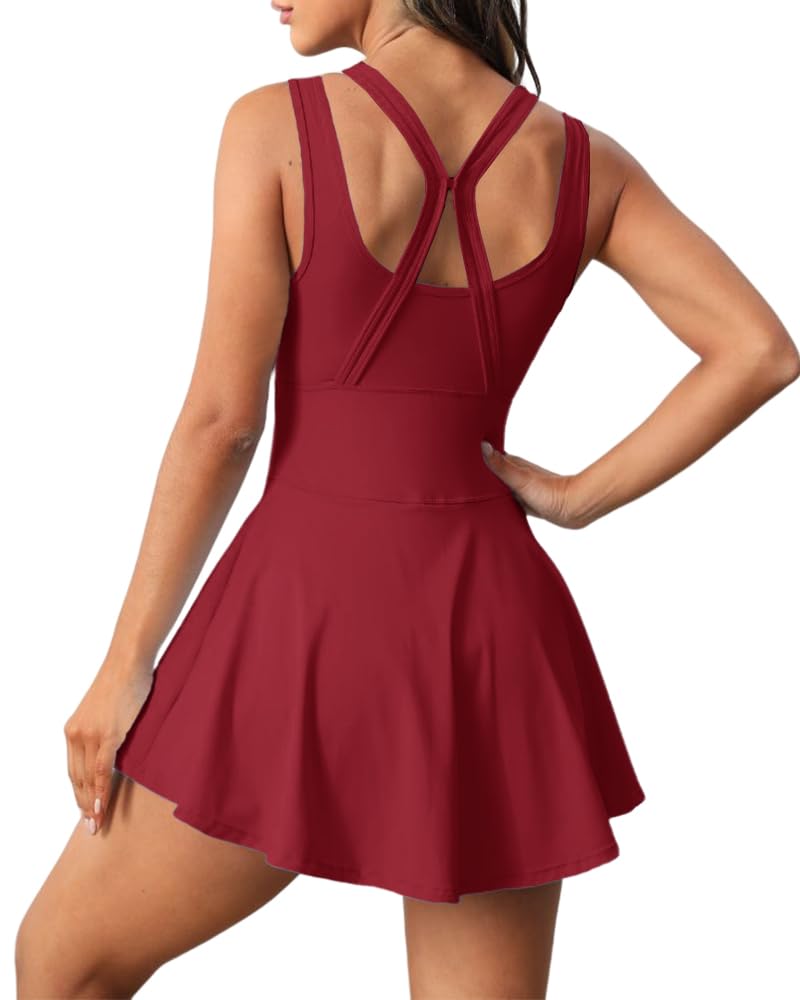 Gyiefcg Womens Sleeveless 2-in-1 Athletic Tennis Golf Dress Underneath Workout Active Dresses with Built-in Shorts Wine Red