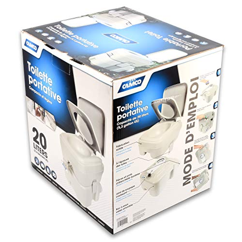 Camco 5.3-Gallon Portable Toilet - Features Detachable Holding Tank w/Sealing Slide Valve & Bellow-Type Flush - Easy Transport w/Compact Lightweight Design & Carry Handle - Gray (41541)