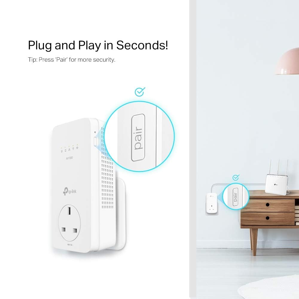 TP-Link TL-WPA8631P KIT AV1300 Gigabit Passthrough Powerline Adapter, Dual-Band WiFi Extender, up to 1300Mbps Speed, Internet Booster, Extra Power Socket, Works with OneMesh, No Configuration Required