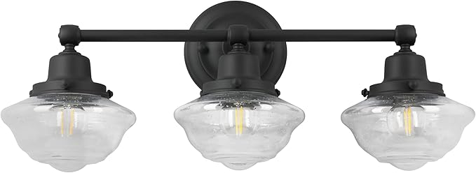 Design House Vintage-Inspired Schoolhouse 3-Light Dimmable Vanity Light, 23.125 in x 7.625 in x 9.5 in, Matte Black, Clear Seeded Glass Shades, 589143-BLK