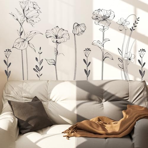Runtoo Black and White Flower Wall Decals Simple Floral Boho Wall Stickers Bedroom Living Room Office Adult Home Decor