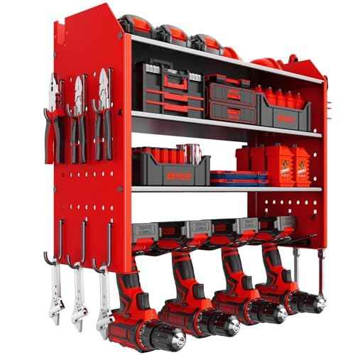 Power Tool Organizer Wall Mount, Garage Tool Organizer with 4 Drill Holders for Cordless Tools.Heavy Duty Drill Holder Wall Mount with Hooks.Red