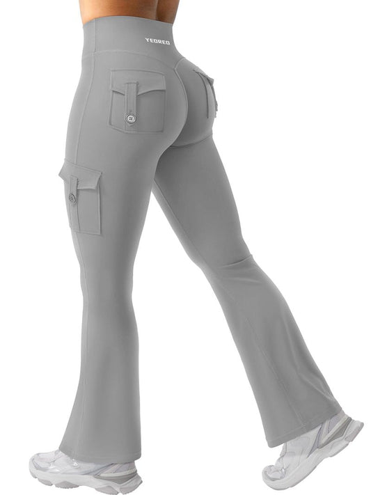 YEOREO CoreFlex Women Workout Flare Leggings with Pockets Scrunch Cargo Gym Yoga Leggings Light Gray XXL