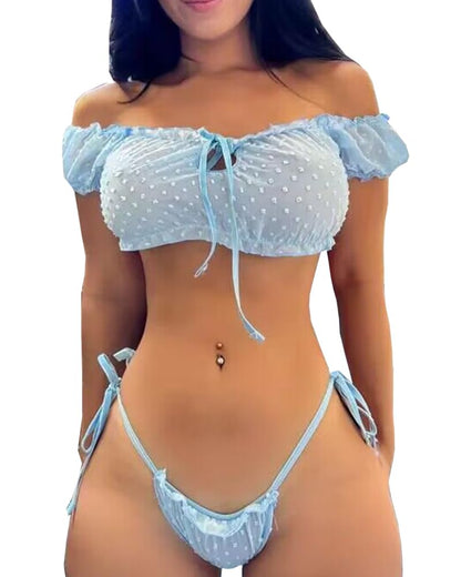 Buitifo Women Lingerie Set Lace Babydoll Self Tie Sexy Bra and Panty Pajamas Set (Blue,XL)