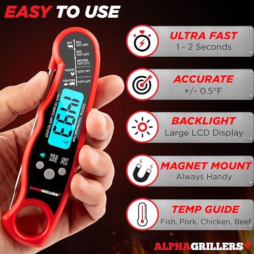 Alpha Grillers Meat Thermometer Digital - Instant Read Food Thermometer for Cooking Grilling Air Fryer Griddle Probe Kitchen Gadgets Essentials BBQ Accessories Grill Gifts for Men Him Dad Birthday