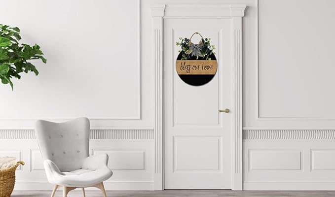Bless Our Home Front Door Sign Funny Wreaths Hanging Wooden Plaque Decoration Round Rustic Wood Farmhouse Porch Decor for Home Front Door Decor, 12 x 12 Inch