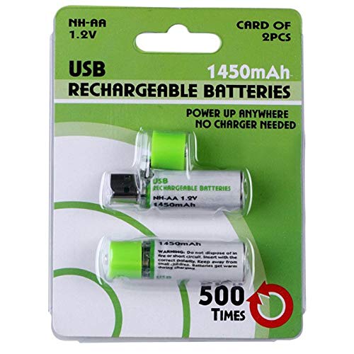 GreenEarth USB Rechargeable AA Batteries | 1450 mAh | Quick Charge USB Charger | 500 Cycles Reusable | NiMH Double A 1.2v (2 Pack)