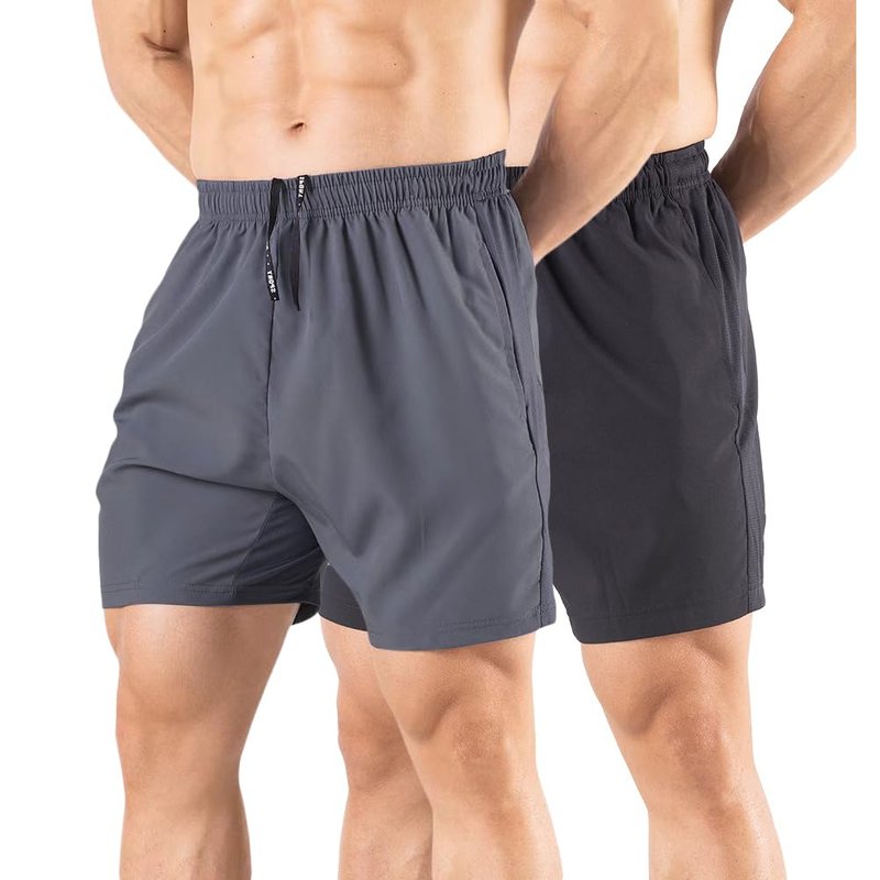 Gaglg Men's 5" Running Shorts 2 Pack Quick Dry Athletic Workout Gym Shorts with Zipper Pockets Black/Dark Grey,Medium
