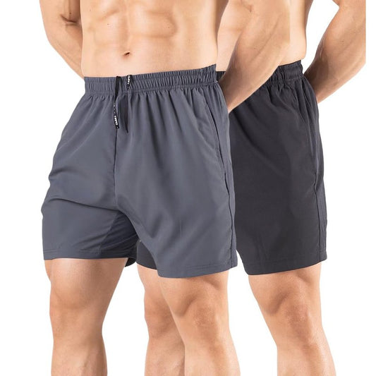 Gaglg Men's 5" Running Shorts 2 Pack Quick Dry Athletic Workout Gym Shorts with Zipper Pockets Black/Dark Grey,Medium