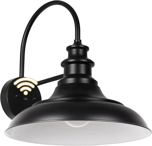 Dusk to Dawn Sensor Outdoor Barn Light Fixture, 12.3 Inch Dome Farmhouse Outdoor Wall Sconce, Gooseneck Exterior Wall Mount Light, Industrial Black White Finish Wall Lantern for Porch, DDRZ004 BK+WH