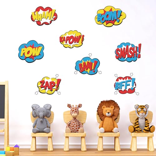 Superhero Wall Stickers Peel and Stick Hero Sign Wall Decals 8 Pcs Vinyl Removable Super Hero Action Sign Wall Stickers Comic Art Decor for Bedroom Nursery Playroom Kids Room Decorations