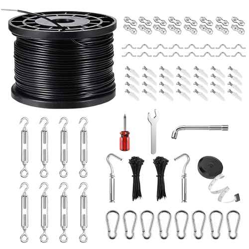 String Light Hanging Kits, 450FT Coated Stainless Steel 304 Wire Rope, Outdoor Black Guy Wire kit w/Expansion Hook, Enough Accessories, Humanized Collocation