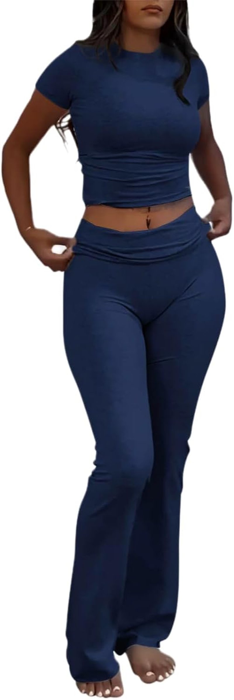 AYWA Women's Lounge Set - Short Sleeve Crop Top & Flare Pants | Casual Pajama Outfit