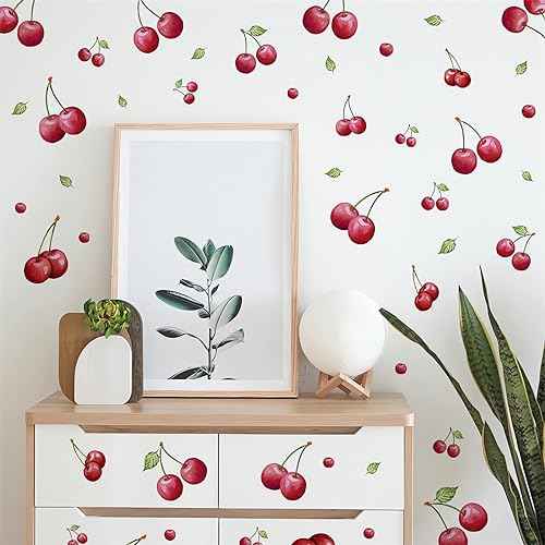6 Sheets 102 Pcs Cherries Wall Stickers, sacinora DIY Cherry Fruit Art Wall Decals Removable Vinyl Peel and Stick for Nursery Living Room Bedroom Children's Room Playroom Furniture Closet Decorations