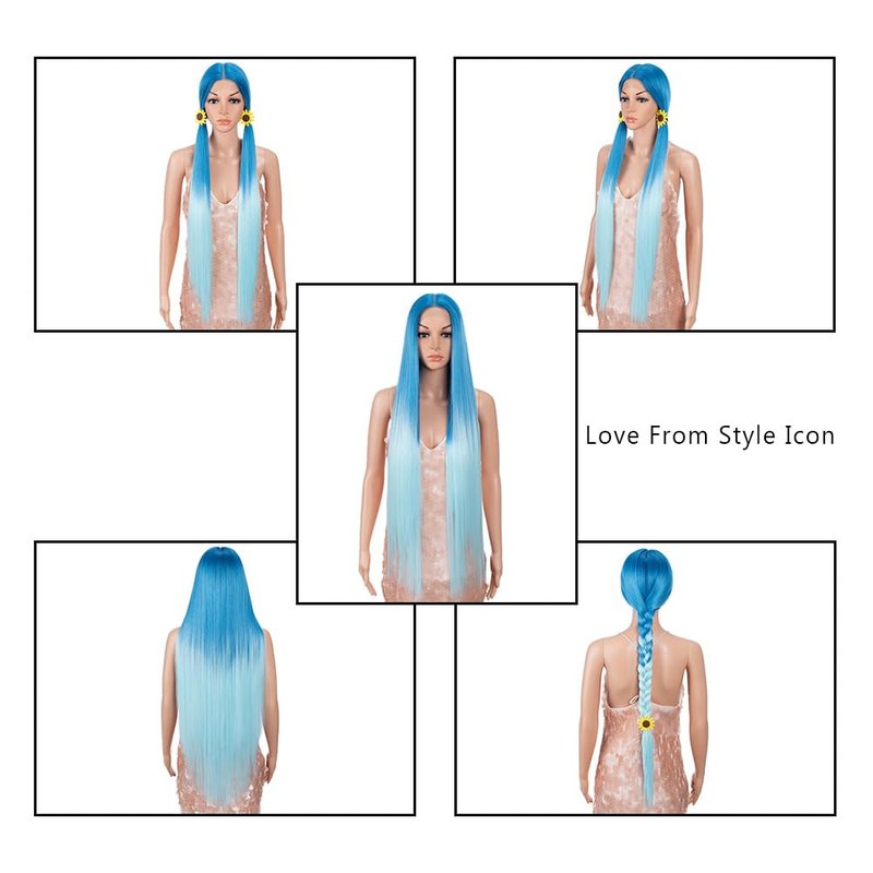 Style Icon 38" Super Long Straight Wigs 6" Deeper Middle Part Lace Lace Front Wigs Ombre Blue Color Synthetic Wig (38", GT BLUE/BLUE5)