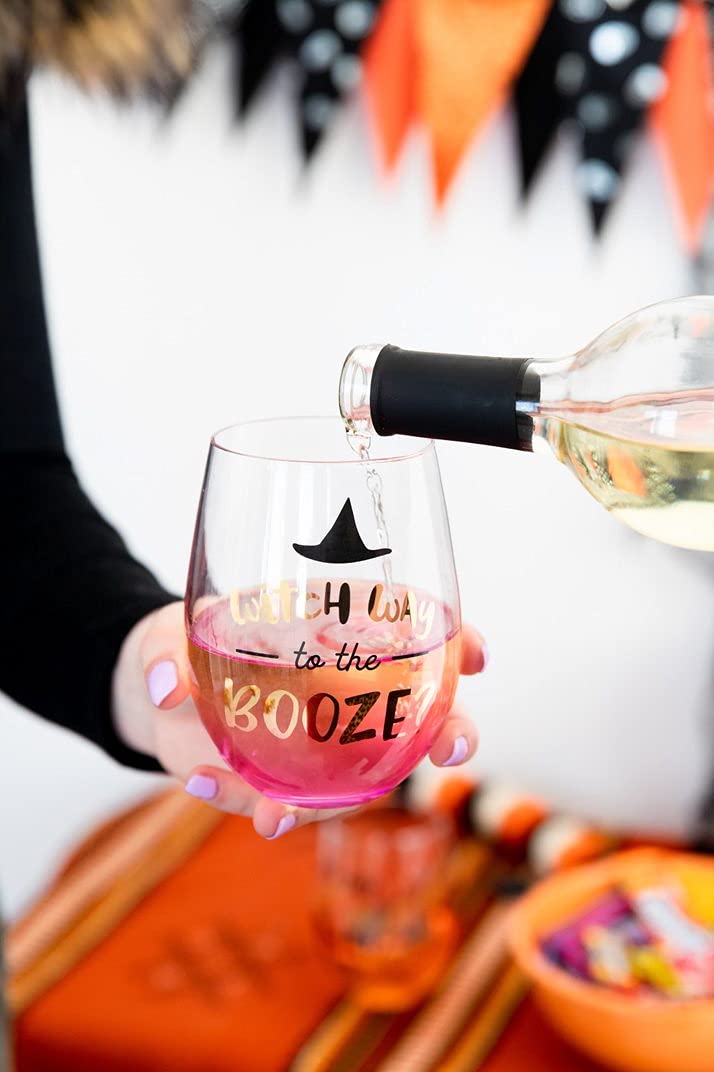 Pearhead Witch Way to the Booze Stemless Wine Glass, Fall and Halloween Home and Kitchen Accessory and Party Favor Idea, 15 oz