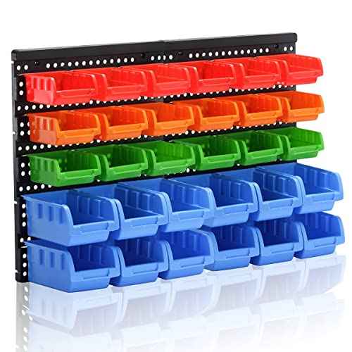 Wall Mounted Storage Bins Parts Rack 4 Colors Garage Plastic Shop Tool Organizer, ABS Plastic Garage Rack, Screw Storage 30 Bins