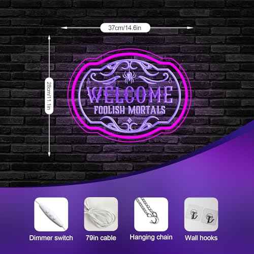 Welcome Foolish Mortals Neon Sign - Haunted Mansion LED Wall Decor for Halloween, Horror Parties & Themed Bars, USB-Powered with Adjustable Brightness, Spooky Flicker Effect