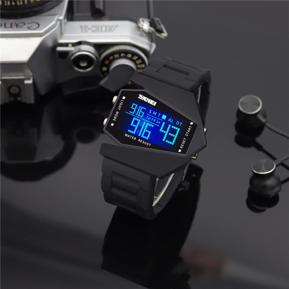 Gosasa Men Sports Military Watches Digital Airplane Shaped LED Colorful Light Watches (Black) (Black)