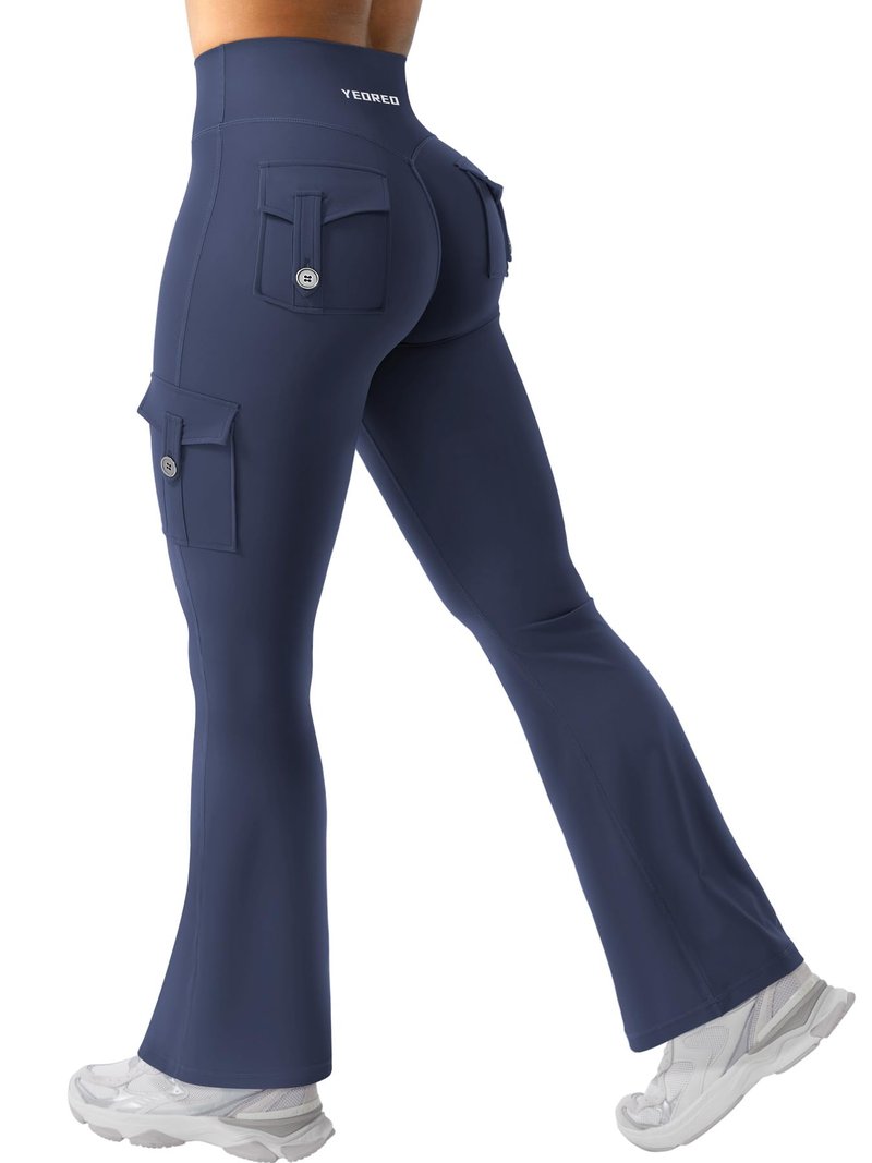 YEOREO CoreFlex Women Workout Flare Leggings with Pockets Scrunch Cargo Gym Yoga Leggings Navy XS