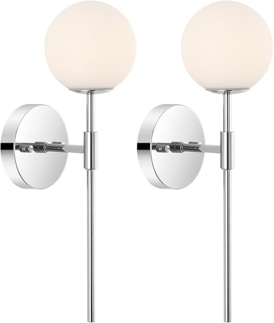 Modern Wall Sconce Set of 2 White Globe Glass Shades Mid Century Bathroom Vanity Wall Light Fixtures Industrial Wall Lamp for Bedroom Mirror Living Room Restaurant (Chrome Color)