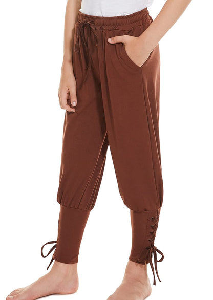Medieval Ankle Banded Pirate Pants for Boys, Kids Renaissance Viking Pirate Costume, Halloween Cosplay Gothic Striped Pants Trousers (10-12 Years, Coffee)