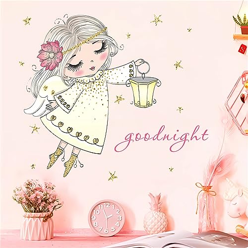 Cute Pink Little Angel Girl Wall Stickers, sacinora Cartoon Good Night Wall Decals Removable Vinyl Peel and Stick for Nursery Kids Baby Children's Room Living Room Bedroom Playroom Art Decorations