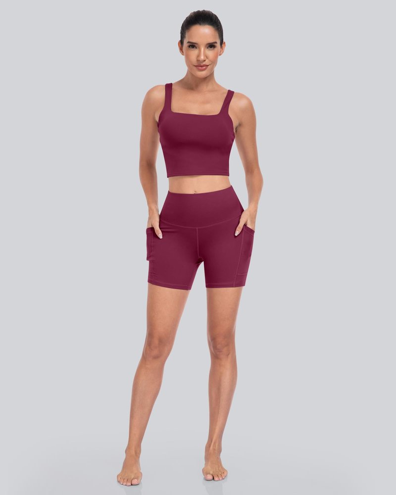 CHRLEISURE 6 Packs Womens Biker Shorts with Pocket, 5 Inch High Waisted Tummy Control Spandex Yoga Workout Shorts (BlackGreyWineXRedNavyJGreen-L)