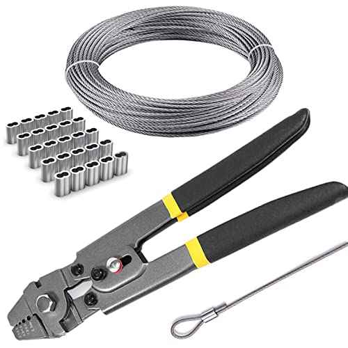 Stainless Steel Wire Cable Crimping Tool Kit, Cutter &Crimper Plier, 100FT 304 Wire Rope, 100pcs Aluminum Sleeves Stops Complete Kit (1/16'' Stainless Steel Cable Kit)