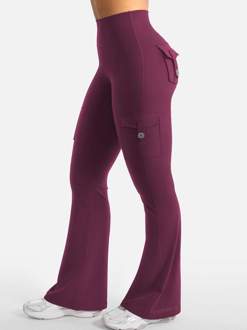YEOREO CoreFlex Women Workout Flare Leggings with Pockets Hidden Scrunch High Waisted Cargo Gym Yoga Leggings Deep Cherry Red S