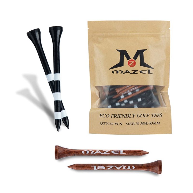 MAZEL Natural Wood/Bamboo Golf Tees 2 3/4 Inch & 3 1/4 Inch,Pack 50 or 120,Reduce Friction & Side Spin,More Stable Golf Tees (50 Pack(25 * 2-3/4"+25 * 3-1/4"),Black &Brown)