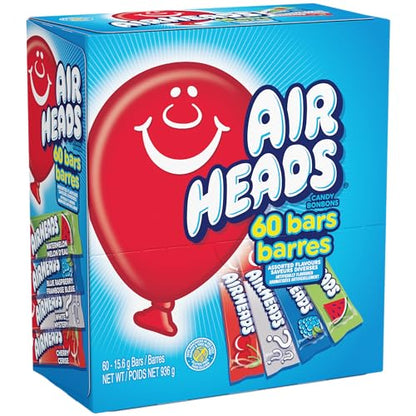 Airheads Candy Bars, Variety Bulk Box, Chewy Full Size Fruit Taffy, Gifts, Holiday, Parties, Concessions, Pantry, Non-Melting, Party, 60 Individually Wrapped Full Size Bars