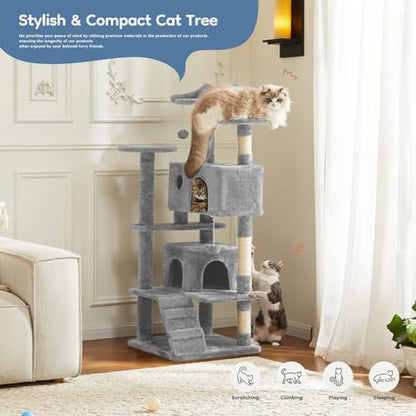 DUMOS 54-inch Indoor Cat Tree Tower –Multi-Level Pet House for Large Cats with 2 Condos, Scratching Posts, Round Platform, Small Ladder, and Toys, Light Grey