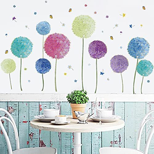 Runtoo Flower Wall Decals Colorful Dandelion Allium Wall Stickers Baseboard Butterfly Living Room Bedroom Wall Decor